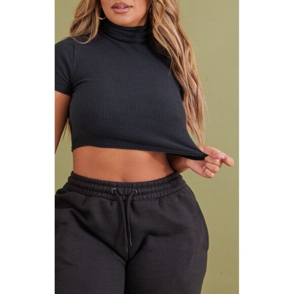 PrettyLittleThing Ribbed Mock-Neck Crop Top Gray | Short Sleeve | UK 10 / US 6 ( - Picture 1 of 4